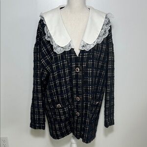 Sister Jane Dream Plaid Cardigan with Lace Collar M+